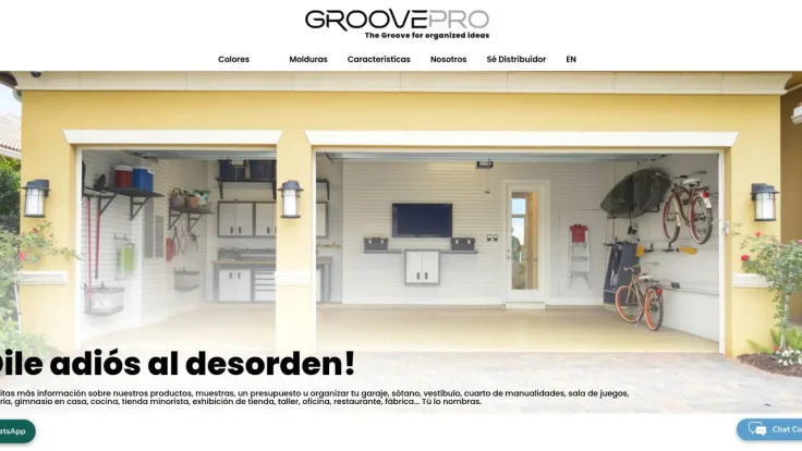 Portada actual de GroovePro con logotipo, navegación y fotografía de un garaje con paneles de organización